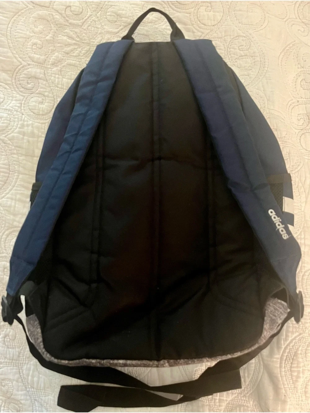 🎒 Adidas Navy Blue Backpack with Grey Base and White Stripes
